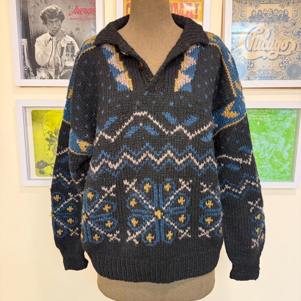 🧶 Vintage 80s Nordic Quarter-Button Knit Sweater 🧶